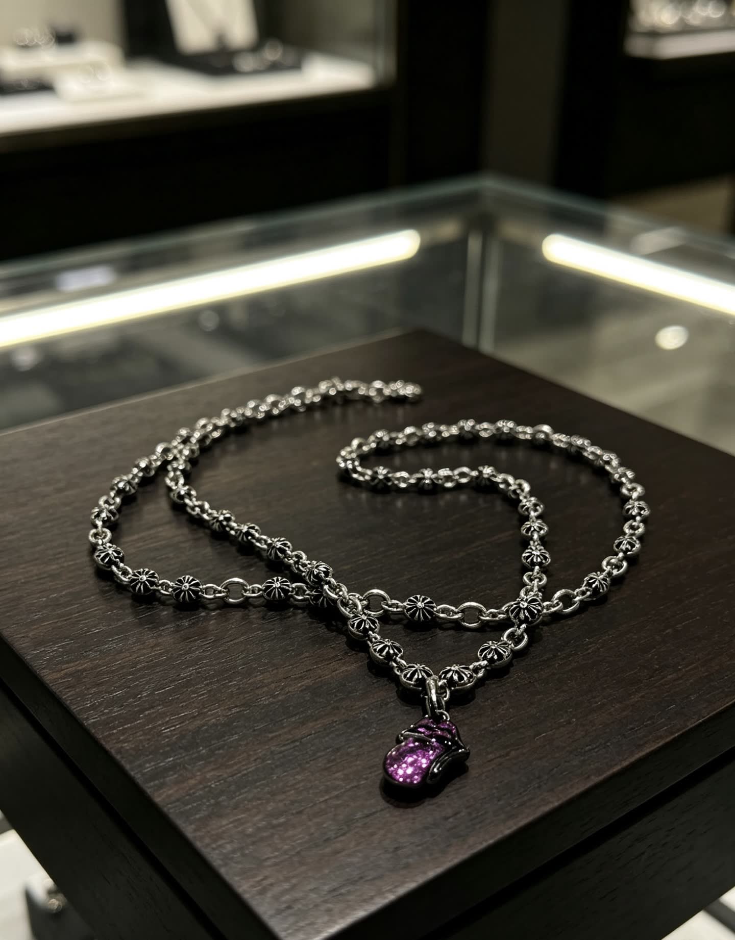 Chrome Hearts Silver Flower Chain with Pink Crystal Butterfly Pendant